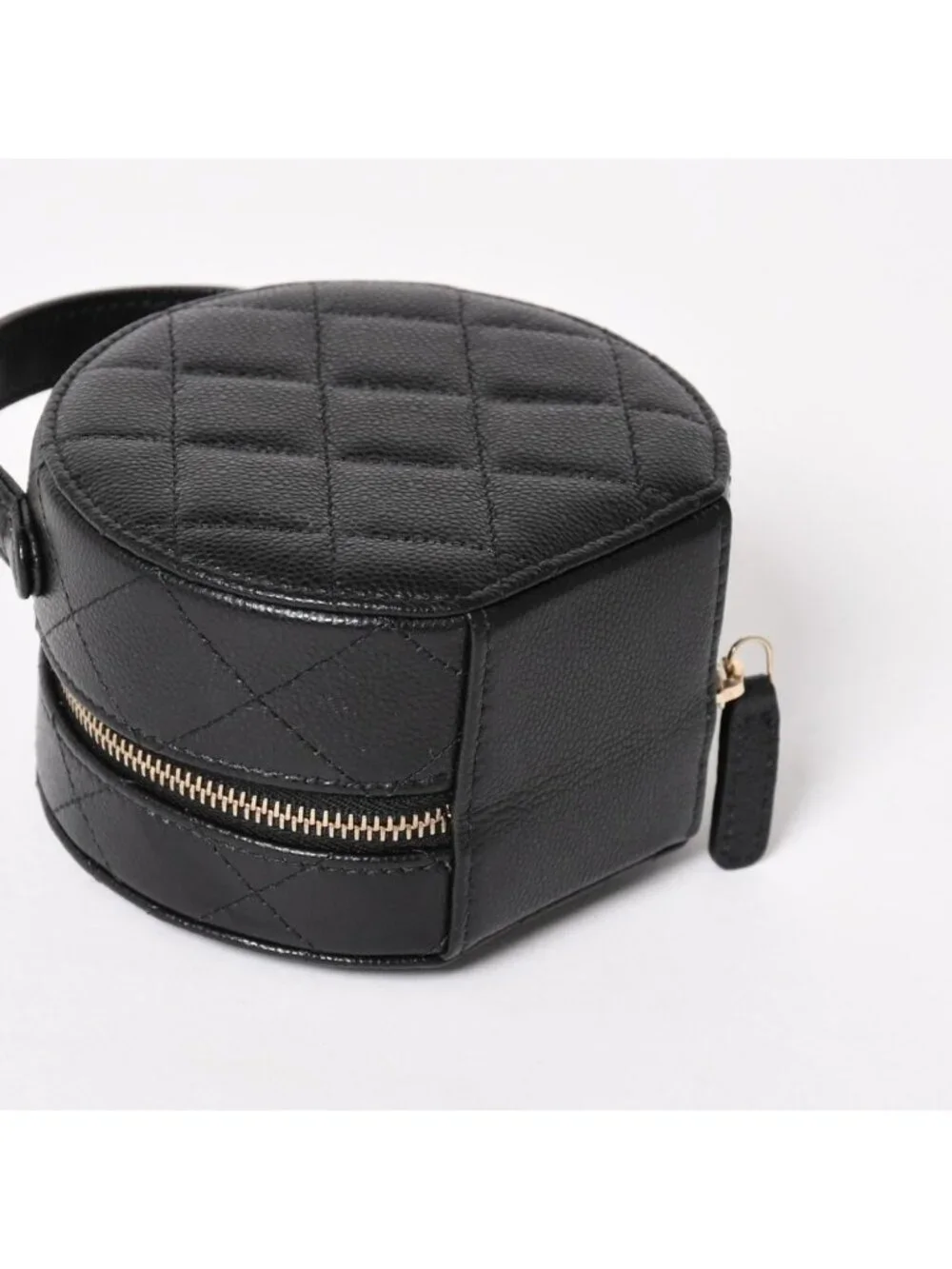 Chanel Small Round Vanity Bag Handbag Stand CC Logo Caviar Leather Black
